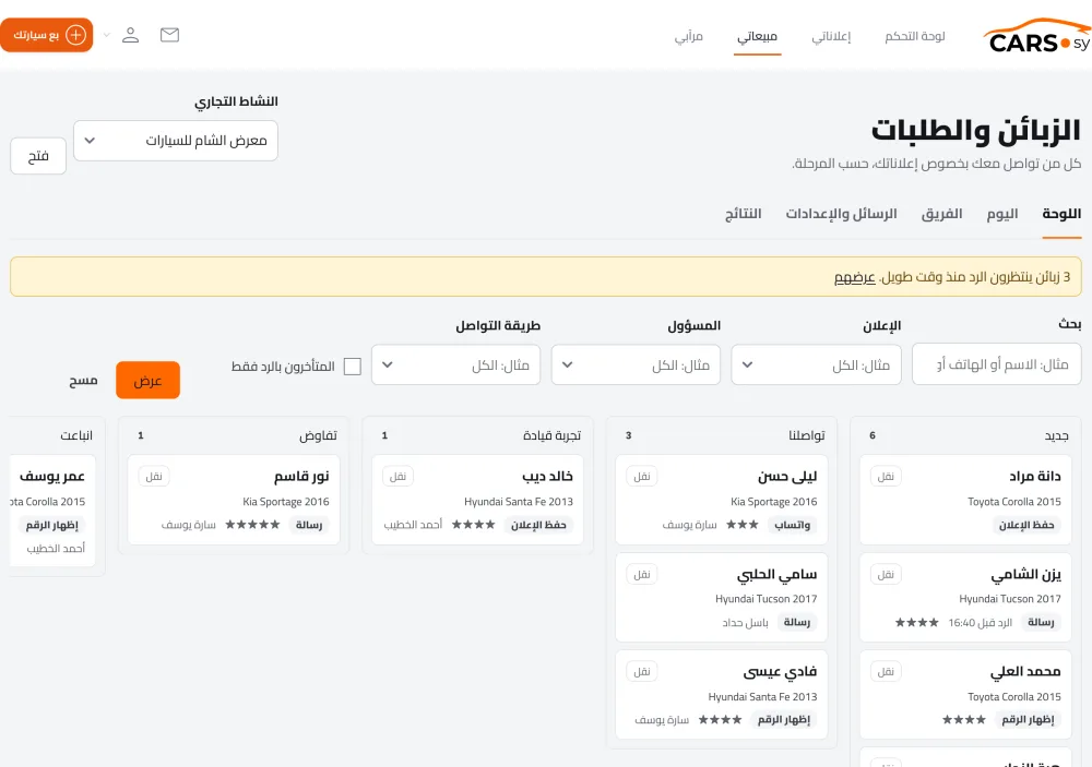 لوحة مكتب المعرض على cars.sy: الزبائن في مراحلهم، جديد وتواصلنا وتجربة قيادة وتفاوض، مع السيارة التي سأل عنها كل واحد ومن يتابعه. الأسماء توضيحية.
