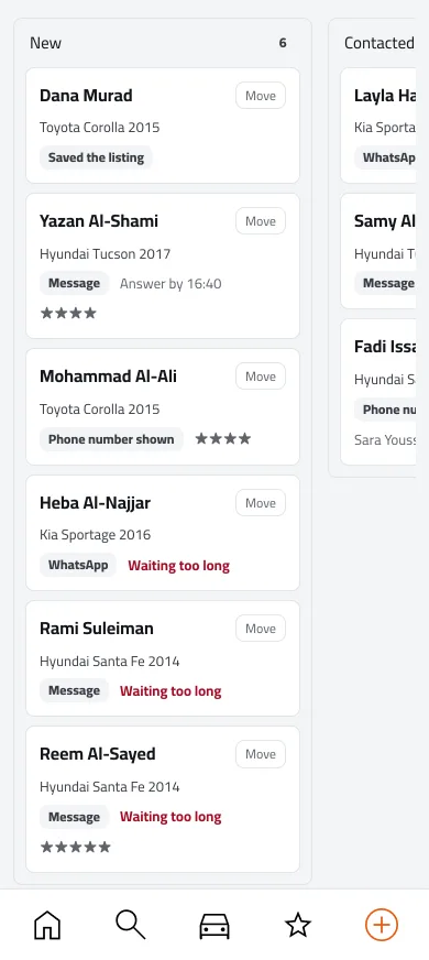 The showroom desk board on a phone, with the new customers at the top. Sample names.