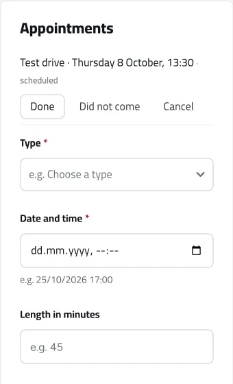 Appointments in a customer’s file: a booked test drive and the form to book another.