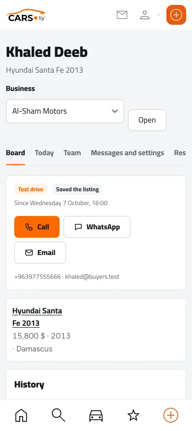 A customer’s file on a phone: the stage, call, WhatsApp and email buttons, and the car they asked about. Sample names.