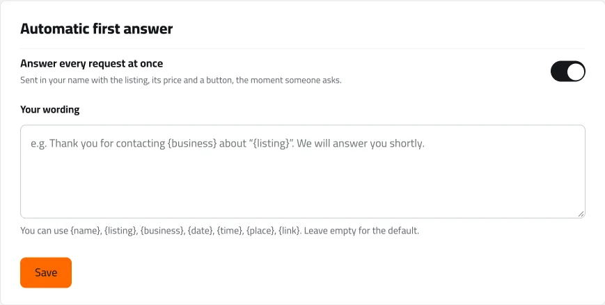 The “Automatic first answer” setting on the showroom desk: sent in your name with the listing and its price the moment someone asks.
